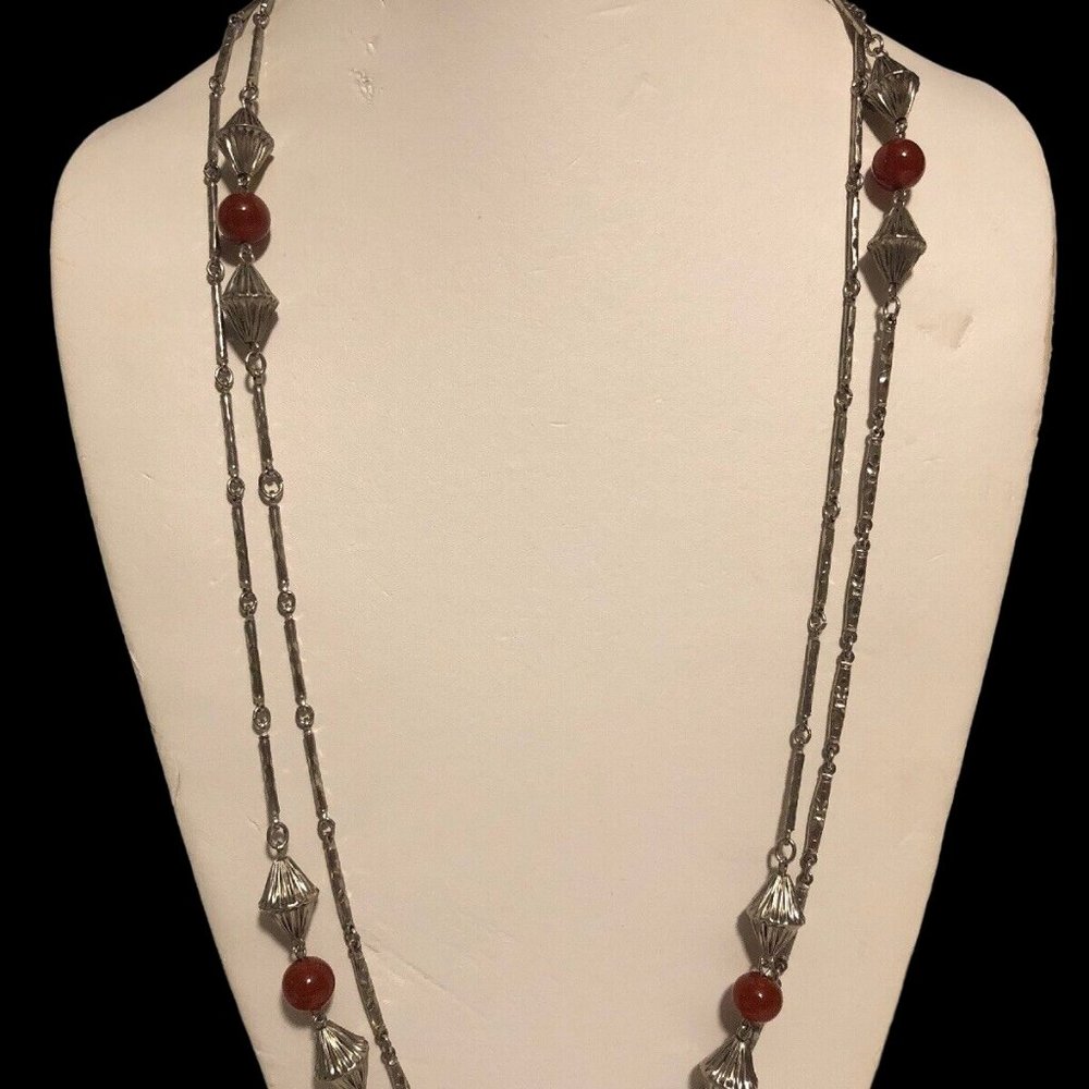 Vintage Marino Silver Tone And Burnt Orange Bead Necklace (518)